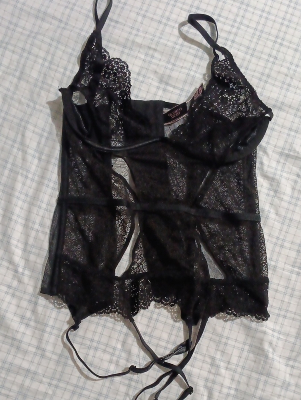 Victoria Secret Sheer Black Lace Bustier Bodysuit with Strappy Detailing (S)